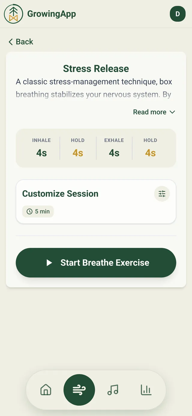 The Stress Release session in GrowingApp, showing its breathing pattern