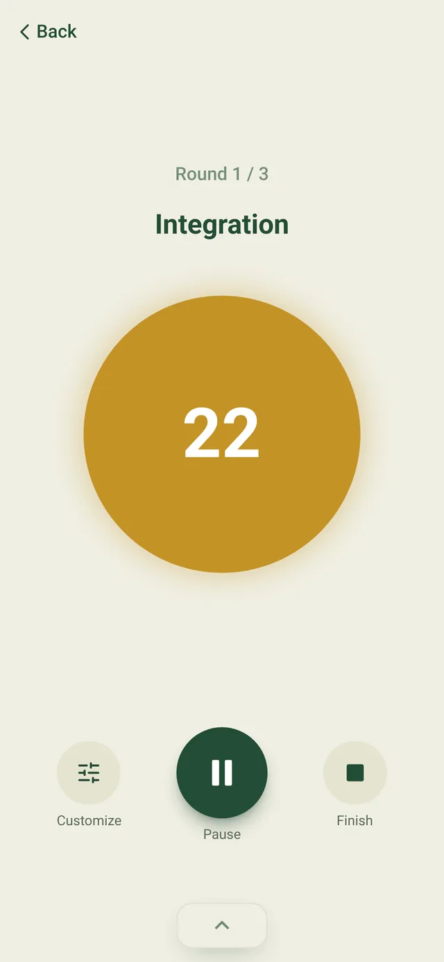 The Önd integration phase, with a countdown while you breathe normally