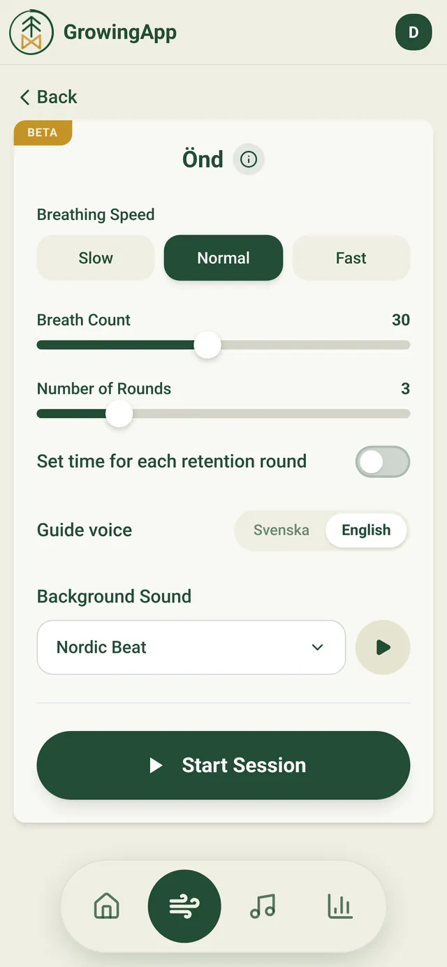 Önd settings: breathing speed, breath count, number of rounds and guide voice