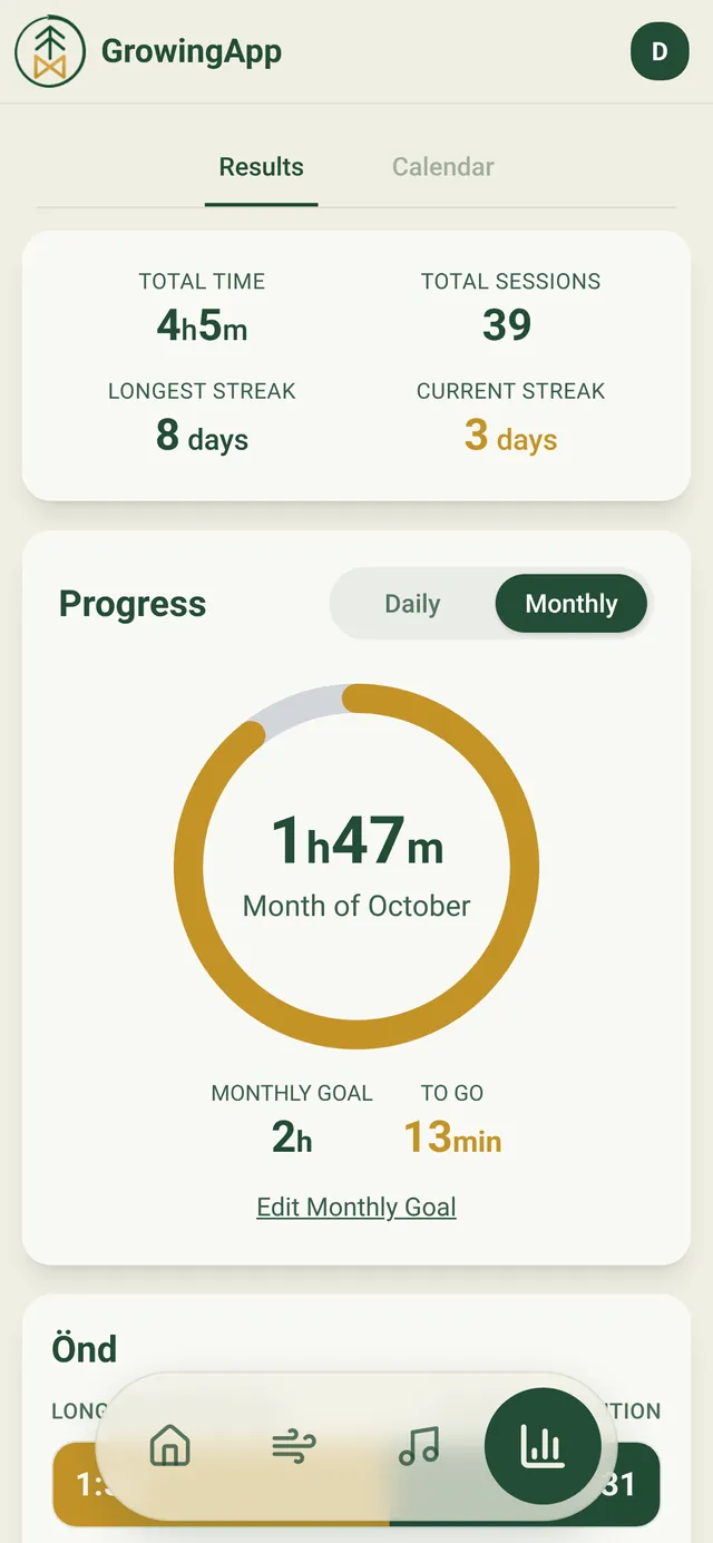 Stats with total time, streaks and a monthly goal ring