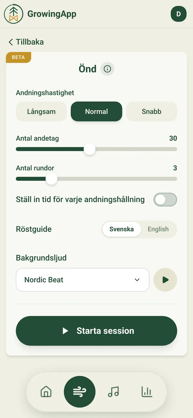 Inställningar för Önd: andningstakt, antal andetag, antal rundor och röstguide