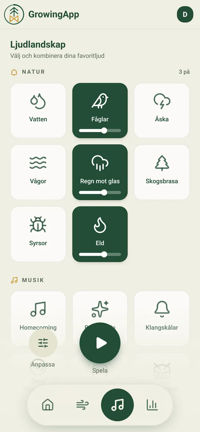 Ljudlandskap med fåglar, regn mot glas och eld i samma mix, med egen volym för varje ljud